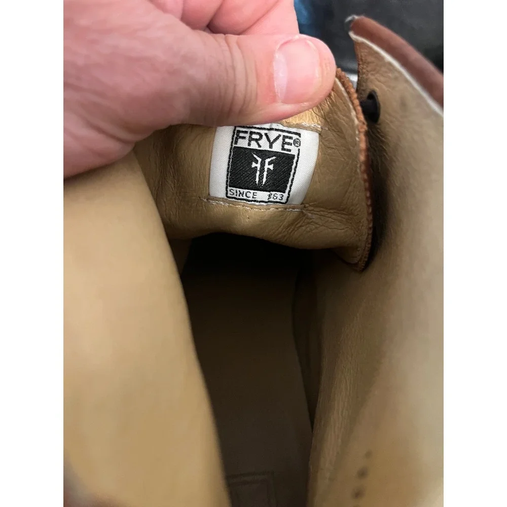 Frye Cognac Leather Moc Toe Lace Up  Lug Sole Boots